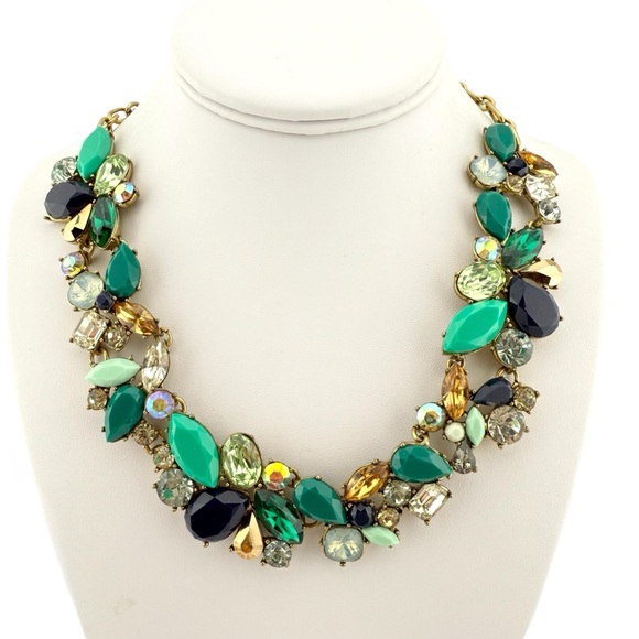 J. Crew Statement Necklace faux emerald, navy, iridescent light blue gold tones - Picture 1 of 11